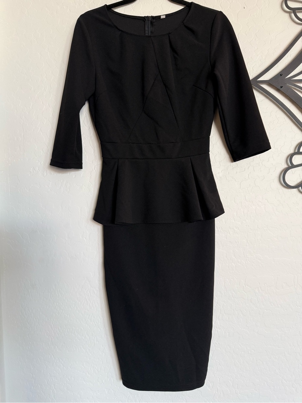 Classic Black Peplum Sheath Midi Dress - 3/4 Length sleeves - Small
